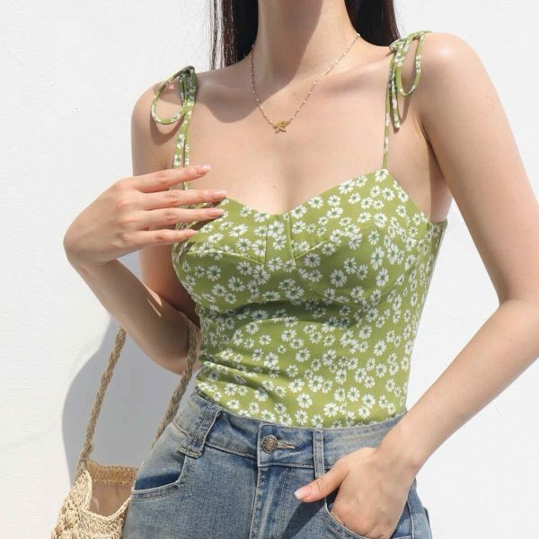 Y2K Green Floral Corset Tank Top - Streetwear Aesthetic Vest