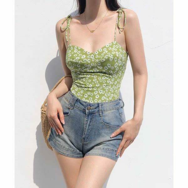 Y2K Green Floral Corset Tank Top - Streetwear Aesthetic Vest