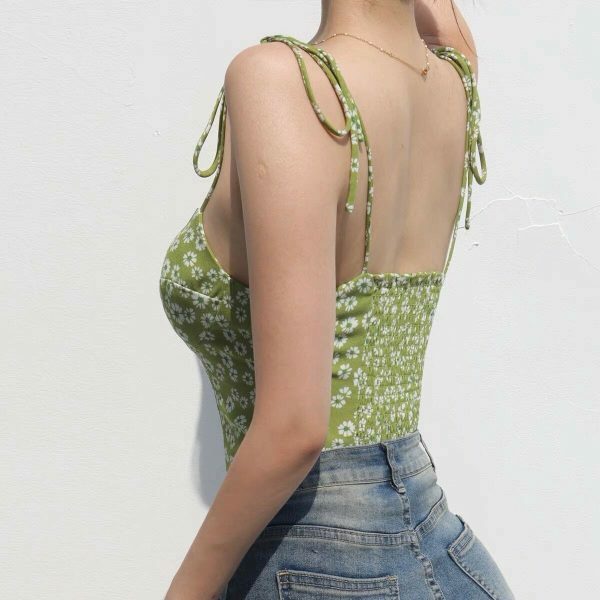 Y2K Green Floral Corset Tank Top - Streetwear Aesthetic Vest