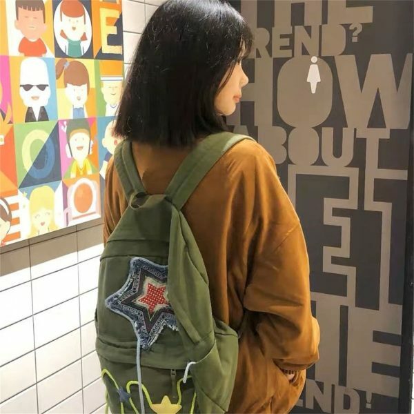 Y2K Green Pentagram Backpack - Retro Streetwear Style