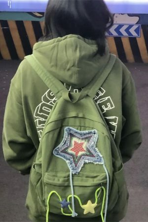 Y2K Green Pentagram Backpack - Retro Streetwear Style