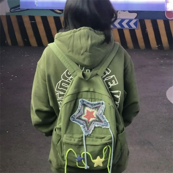 Y2K Green Pentagram Backpack - Retro Streetwear Style