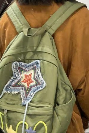 Y2K Green Pentagram Backpack - Retro Streetwear Style