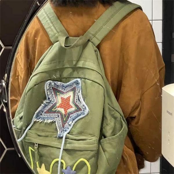 Y2K Green Pentagram Backpack - Retro Streetwear Style