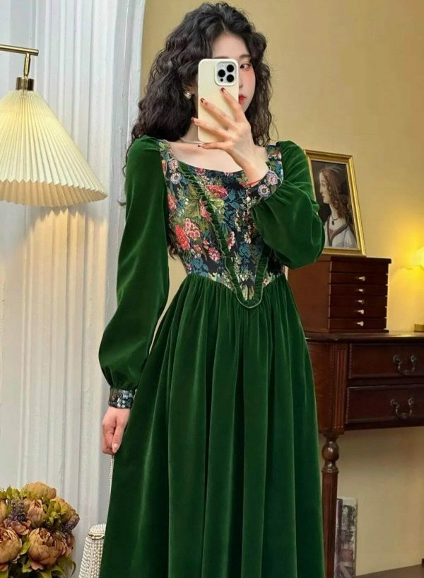 Y2K Green Velvet Floral Maxi Dress