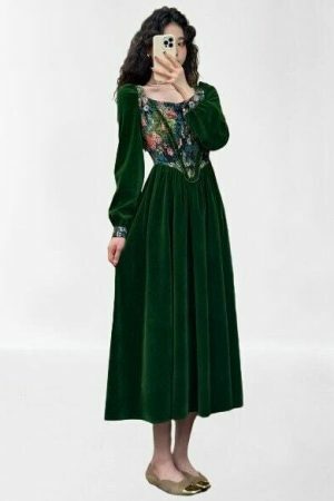 Y2K Green Velvet Floral Maxi Dress