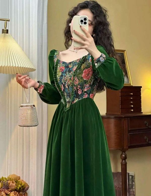 Y2K Green Velvet Floral Maxi Dress