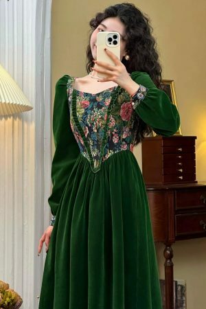 Y2K Green Velvet Floral Maxi Dress