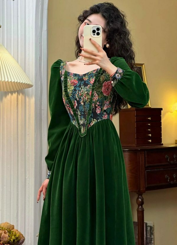 Y2K Green Velvet Floral Maxi Dress