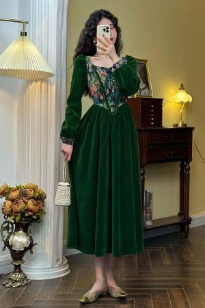 Y2K Green Velvet Floral Maxi Dress