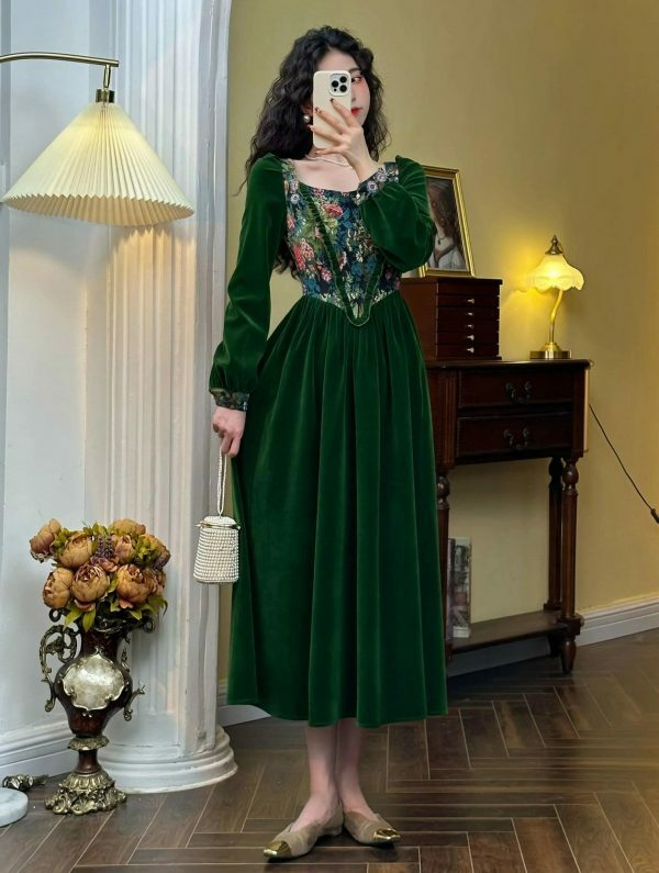 Y2K Green Velvet Floral Maxi Dress