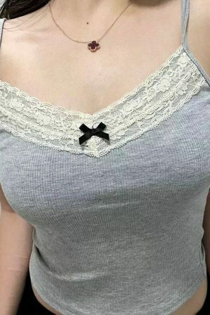 Y2K Grey Coquette Bow Kawaii Cami Top