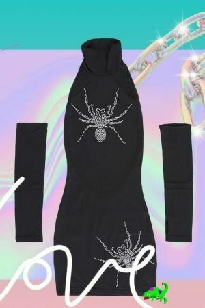 Y2K Grunge Emo Rhinestone Black Spider Dress - Streetwear Goth Aesthetic