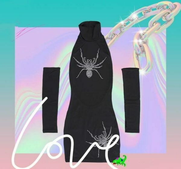 Y2K Grunge Emo Rhinestone Black Spider Dress - Streetwear Goth Aesthetic