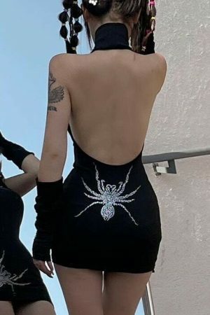 Y2K Grunge Emo Rhinestone Black Spider Dress - Streetwear Goth Aesthetic