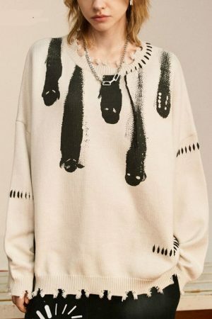 Y2K Grunge Ghost Print Pullover Sweater