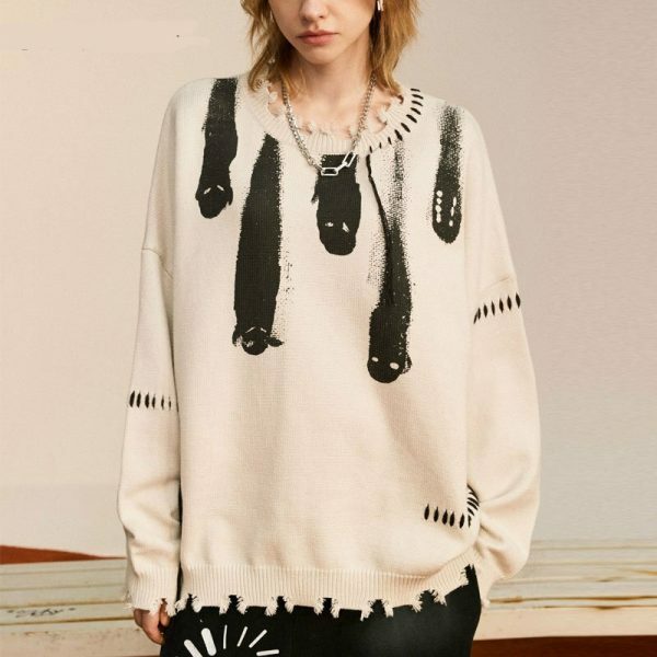 Y2K Grunge Ghost Print Pullover Sweater