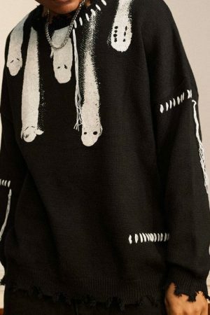 Y2K Grunge Ghost Print Pullover Sweater