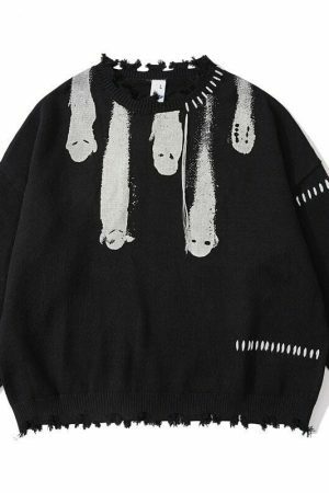 Y2K Grunge Ghost Print Pullover Sweater