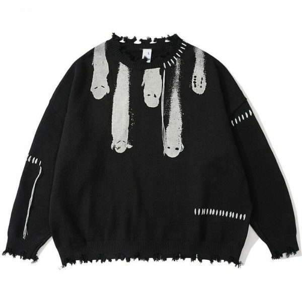 Y2K Grunge Ghost Print Pullover Sweater