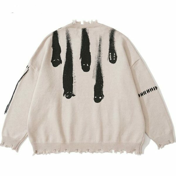 Y2K Grunge Ghost Print Pullover Sweater