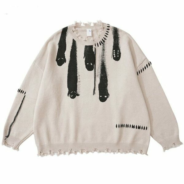 Y2K Grunge Ghost Print Pullover Sweater