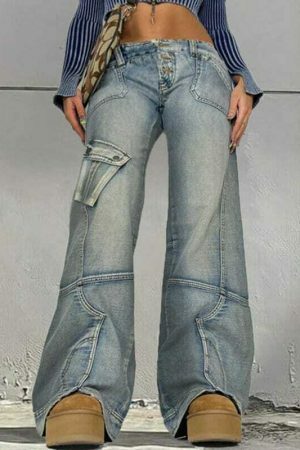 Y2K Grunge Streetwear Baggy Wide Leg Denim Cargo Pants