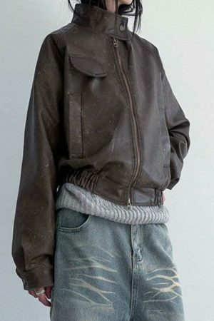 Y2K Grunge Streetwear Faux Leather Zip-Up Jacket for Women