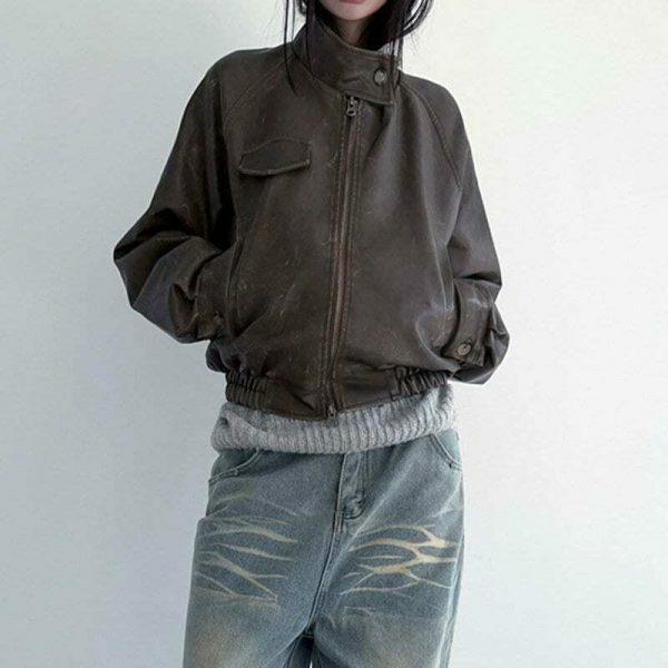 Y2K Grunge Streetwear Faux Leather Zip-Up Jacket for Women