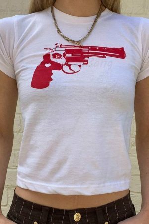 Y2K Gun Pistol Print White Crop Tee - Punk E-Girl Gothic T-Shirt