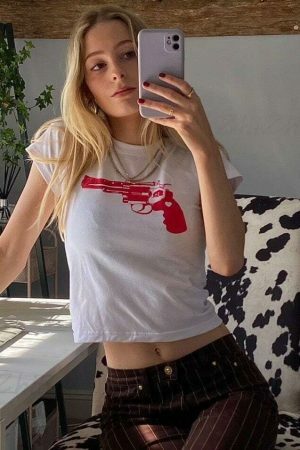 Y2K Gun Pistol Print White Crop Tee - Punk E-Girl Gothic T-Shirt