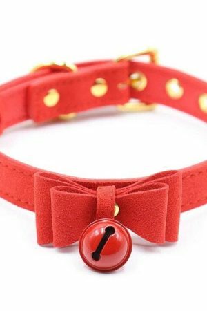 Y2K Handmade Leather Bell Choker Necklace with Lolita Bow