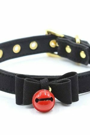 Y2K Handmade Leather Bell Choker Necklace with Lolita Bow