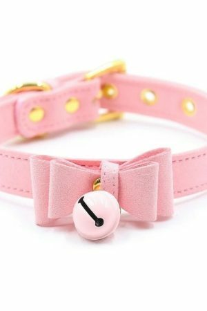 Y2K Handmade Leather Bell Choker Necklace with Lolita Bow