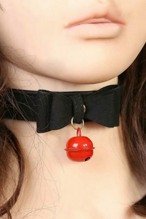 Y2K Handmade Leather Bell Choker Necklace with Lolita Bow