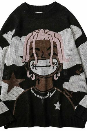 Y2K Harajuku Cartoon Knitted Sweater Oversized Hip Hop Pullover