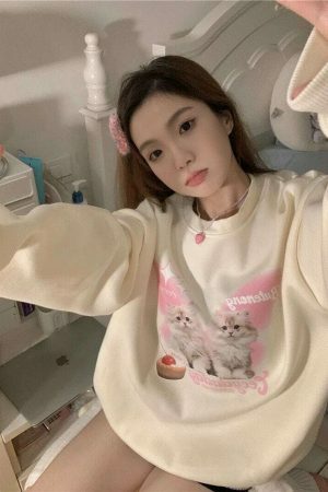 Y2K Harajuku Cat Sweater - Streetwear Aesthetic