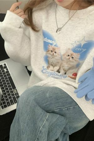 Y2K Harajuku Cat Sweater - Streetwear Aesthetic