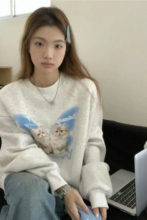 Y2K Harajuku Cat Sweater - Streetwear Aesthetic