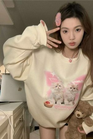 Y2K Harajuku Cat Sweater - Streetwear Aesthetic