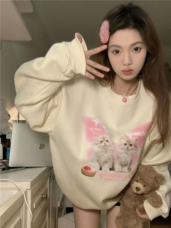 Y2K Harajuku Cat Sweater - Streetwear Aesthetic