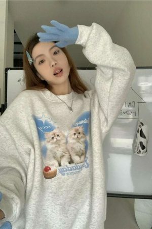 Y2K Harajuku Cat Sweater - Streetwear Aesthetic