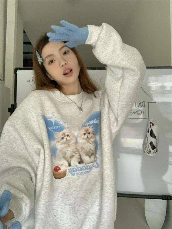 Y2K Harajuku Cat Sweater - Streetwear Aesthetic