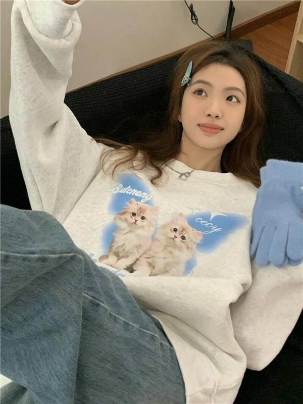 Y2K Harajuku Cat Sweater - Streetwear Aesthetic