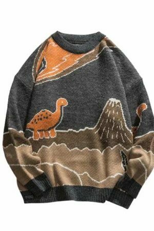 Y2K Harajuku Dinosaur Knit Sweater - Streetwear Winter Pullover