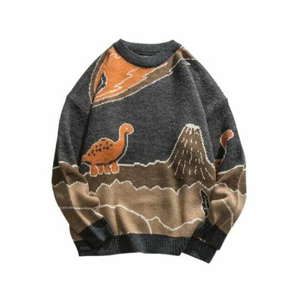 Y2K Harajuku Dinosaur Knit Sweater - Streetwear Winter Pullover