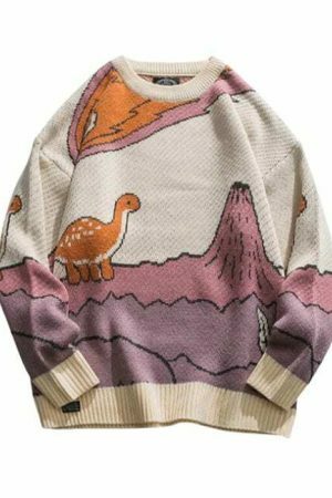 Y2K Harajuku Dinosaur Knit Sweater - Streetwear Winter Pullover