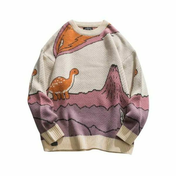 Y2K Harajuku Dinosaur Knit Sweater - Streetwear Winter Pullover