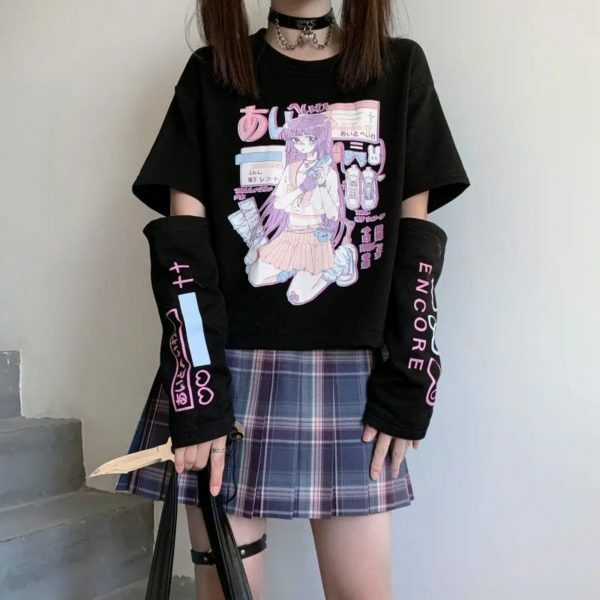 Y2K Harajuku Graphic Tee with Arm Covers for Women