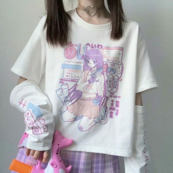 Y2K Harajuku Graphic Tee with Arm Covers for Women